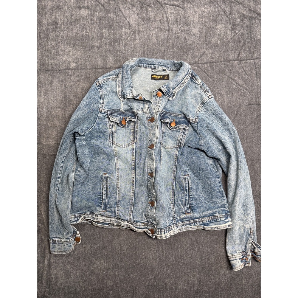 DDLHouse Womens Denim Jacket 1X Light Wash Distressed Button Front Plus Size